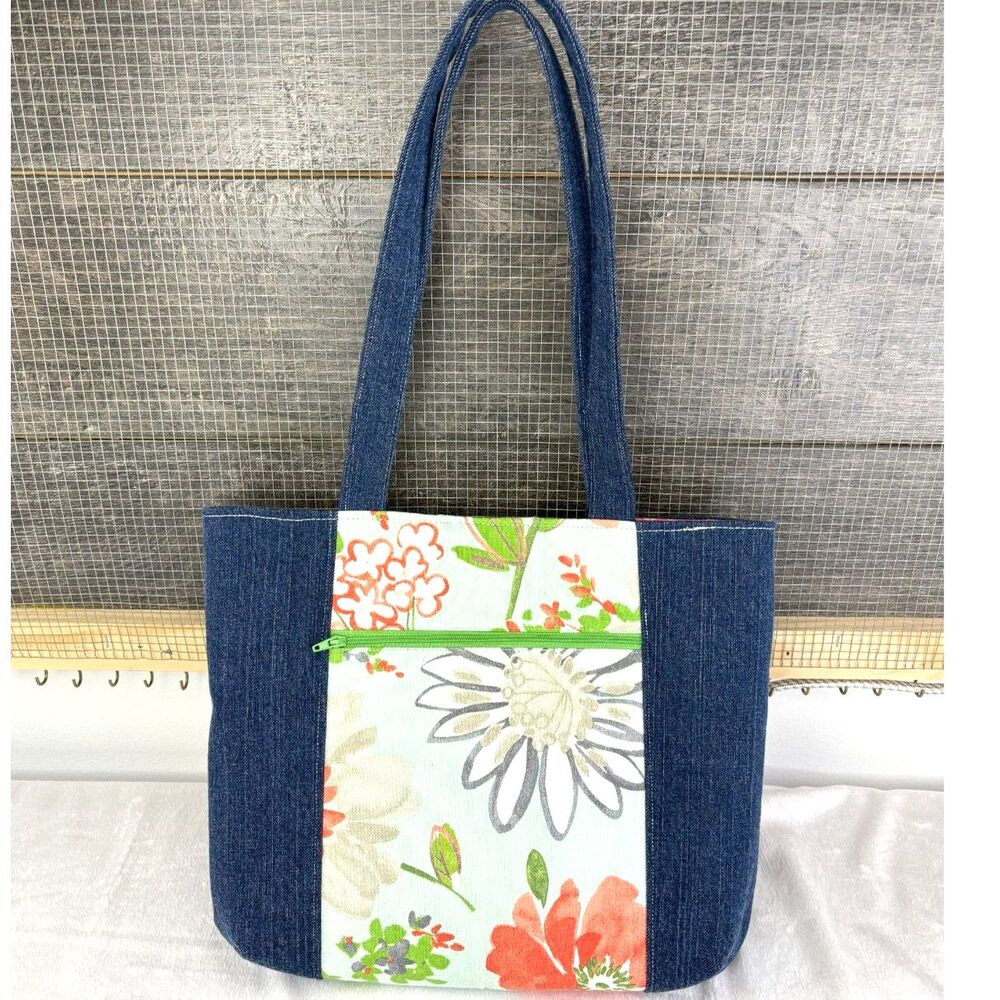 Handmade Upcycled Denim Tote Bag, linened with cotton materials.